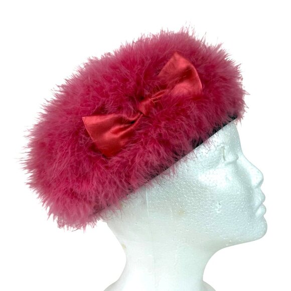 Pink Angora Beret Hat Satin Bow VTG Fuzzy Raspberry French Style 50s 60s Winter - Picture 2 of 11